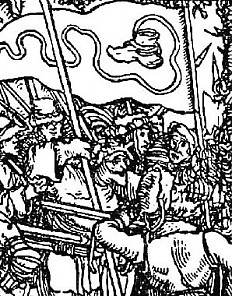 Aufständische Bauern mit Bundschuhfahne, Holzschnitt aus dem Trostspiegel, 1539
