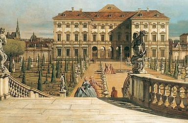 Bernardo Bellotto: The Liechtenstein summer palace seen from the gardens, oil on canvas