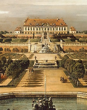 Bernardo Bellotto: View of Schloss Hof from the gardens, oil