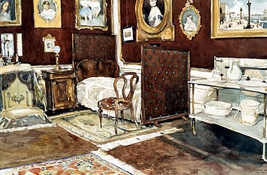 Berthold Löffler: Schlafzimmer Kaiser Franz Josephs in Schönbrunn, Gouache, 1916
