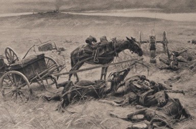 Die Batterie der großen Armee-Geschütz-Reserve am Abend der Schlacht, Heliogravüre nach Ölgemälde von Rudolf …