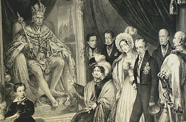 Die kaiserliche Familie vor dem Porträt von Franz II./I., Lithografie
