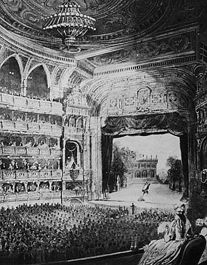 Eröffnungsvorstellung im neuen Haus der Wiener Hofoper mit "Don Juan", Innenansicht mit Blick auf die Bühne, …
