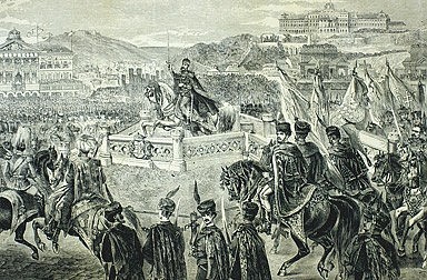 Ferenc Kollarz: Franz Josephs Krönungsritt in Budapest, Zeichnung, 1867
