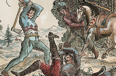 Hans Ulrich Franck: Rider being attacked by two soldiers with axes, etching, 1643