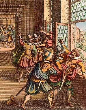 Matthäus Merian der Ältere: Der Prager Fenstersturz, Kupferstich