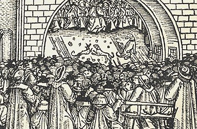 Menschenansammlung anlässlich Zurschaustellung der Reliquienschätze von St.Stephan 1502