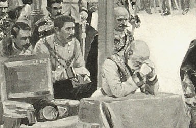 Wilhelm Gause: Fronleichnamsprozession: vor dem Altare auf dem Lobkowitzplatz (Ausschnitt), Zeichung, 1898