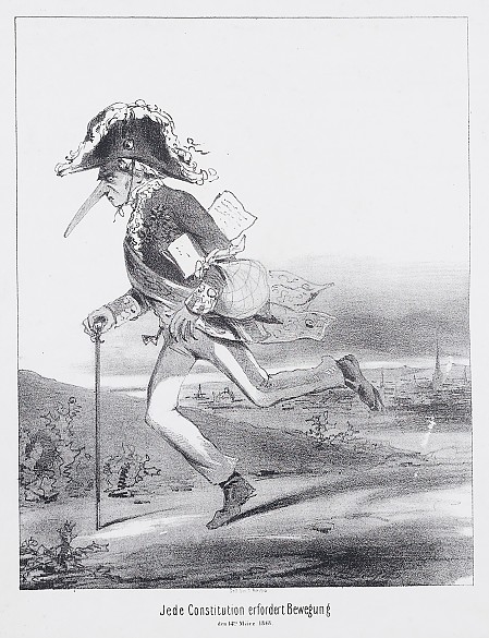Anton Zampis: Caricature: 'Every constitution requires exercise / 14 March 1848', chalk lithograph