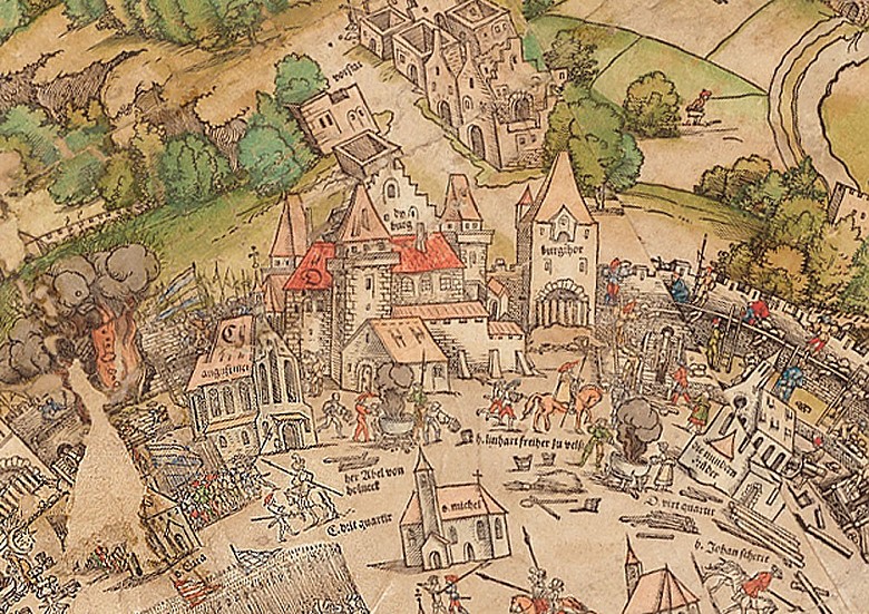 Ausschnitt aus dem Meldemann-Plan der Stadt Wien, kolorierter Holzschnitt, 1530