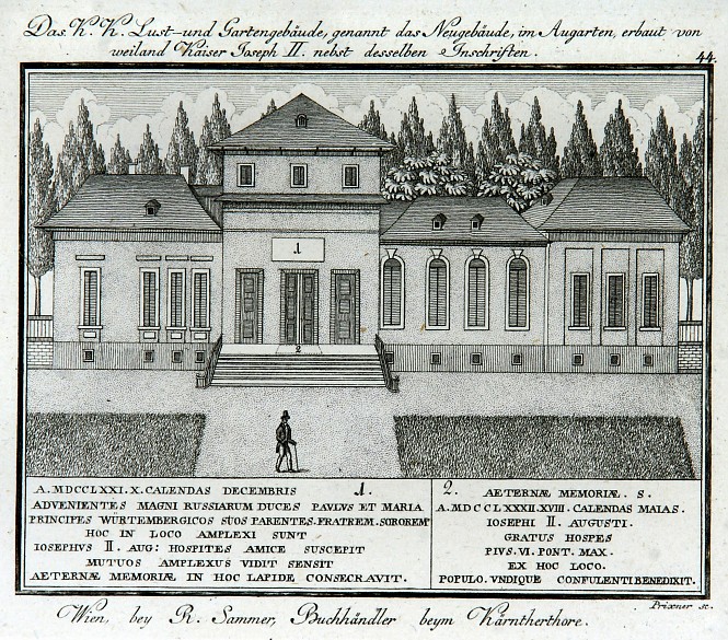 F. C. Weidmann: ‘Das K. K. Lust- und Gartengebäude, genannt das Neugebäude, im Augarten’, copper engraving, 1…