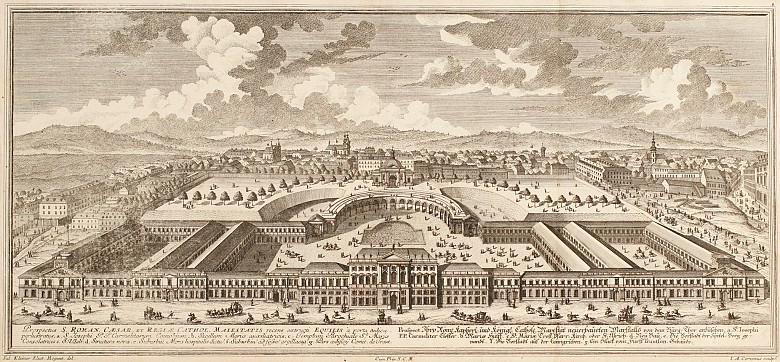 Johann Andreas Pfeffl (nach Salomon Kleiner): Das kaiserliche Hofstallgebäude, Kupferstich, 1724/34