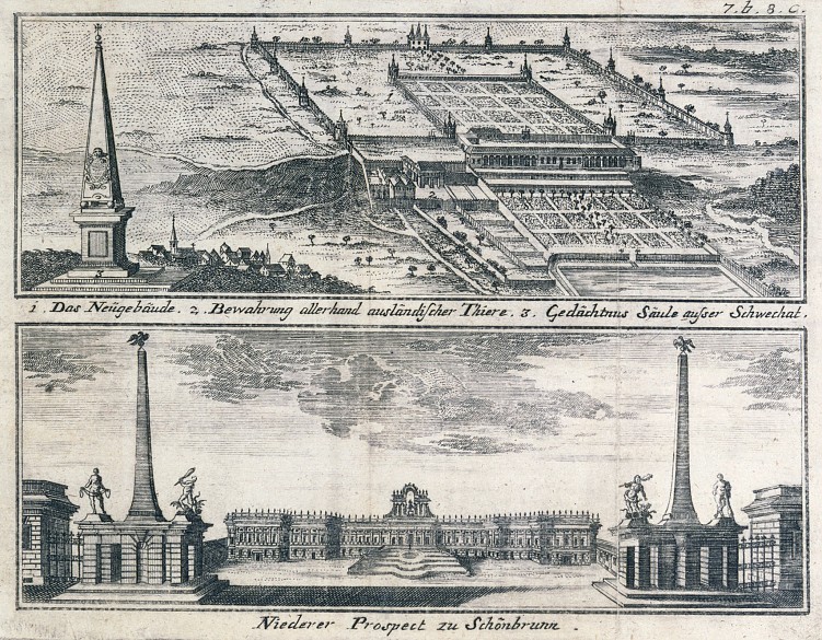 Johann Bernhard Fischer von Erlach: Neugebäude und Schloss Schönbrunn II, Kupferstich, 18. Jahrhundert