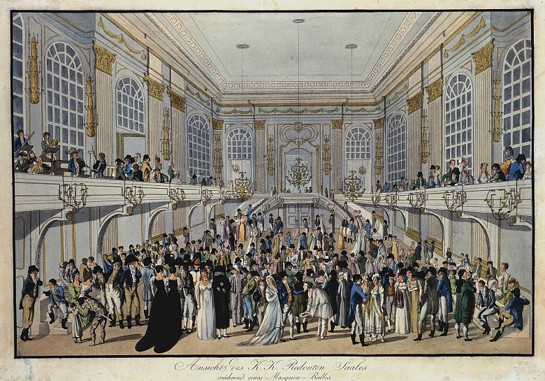 Joseph Schütz: Maskenball im Redoutensaal der Wiener Hofburg um 1815, Radierung, koloriert