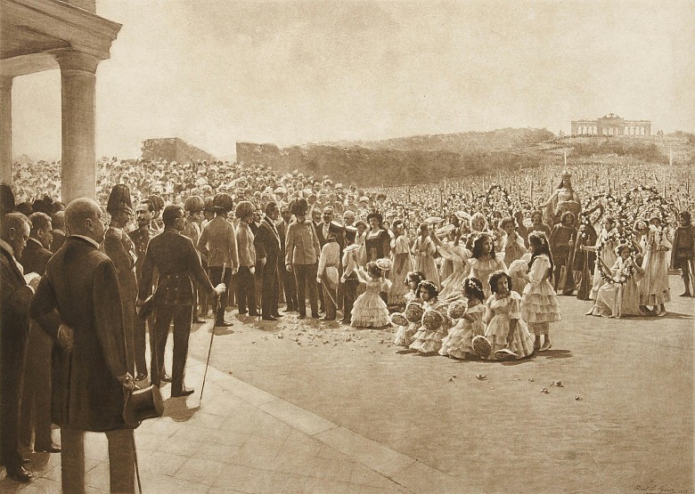 K. F. Gsur: Eighty thousand Viennese schoolchildren gather at Schönbrunn on 21 May 1908 to mark the sixtiet...