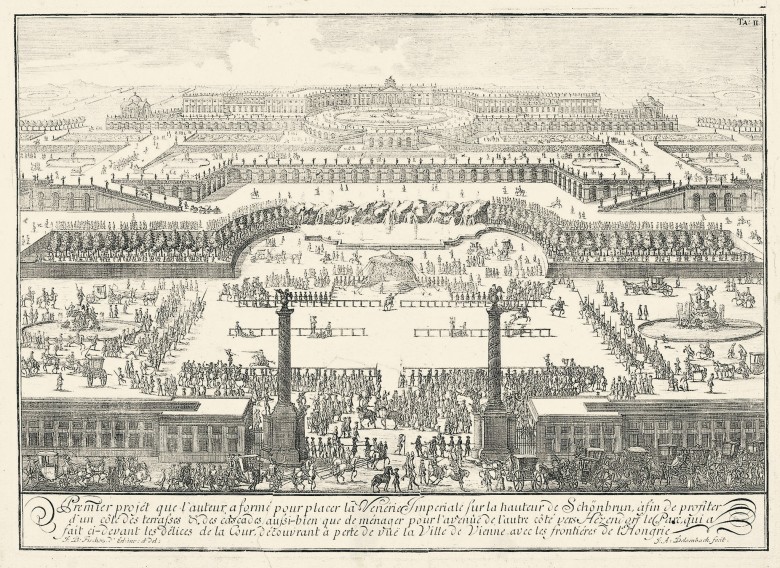 La Venerie Imperiale sur la Hauteur de Schönbrunn (= Erstes Projekt für Schloss Schönbrunn), 1721, Kupferstic…