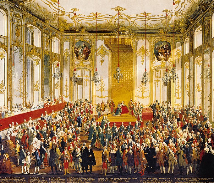 Martin van Meytens and studio: The first investiture ceremony of the Order of St Stephen, oil painting, 18t...
