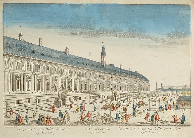 Prospect of the imperial palace called the Favorita in the suburbs of Vienna, coloured copperplate engravin...