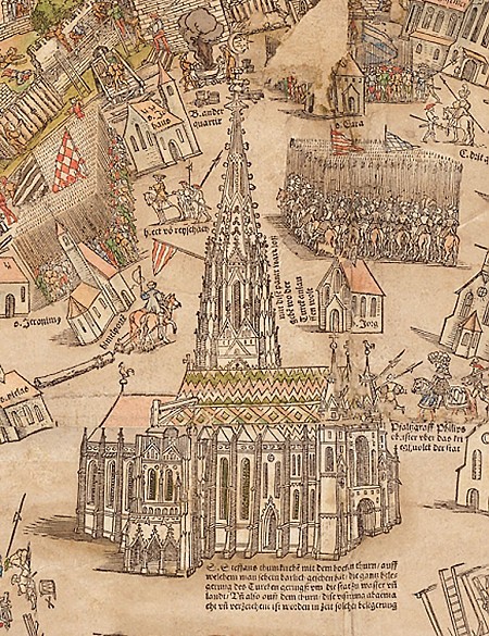 Stephansdom, Auschnitt aus dem Meldemann-Plan der Stadt Wien, kolorierter Holzschnitt, 1530