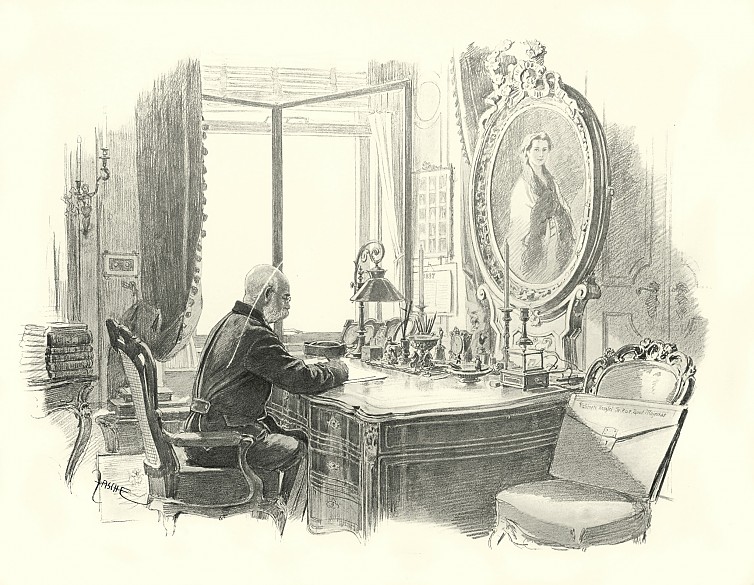 Theo Zasche: The Emperor at his desk, drawing, 1898